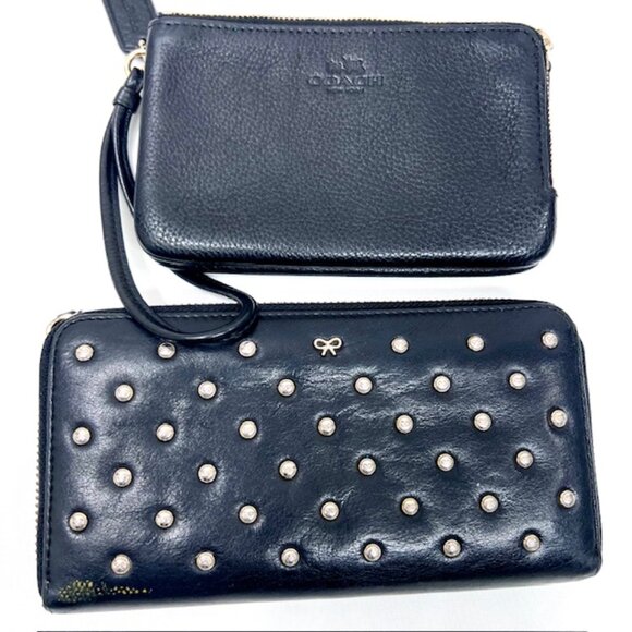 2 Vintage Wallets black leather full zip COACH  & Ana Hindmarch with Studs (70) - Picture 7 of 11